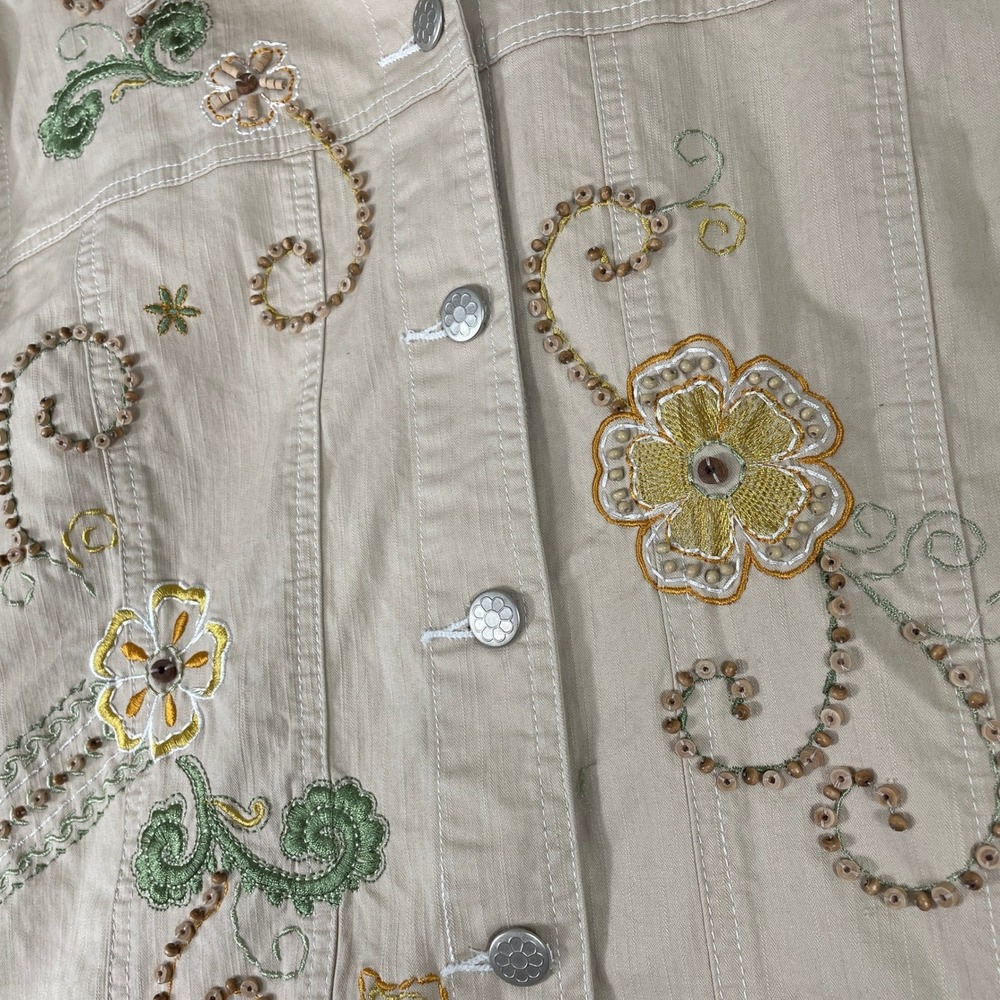Graff Denim Jacket Womens Medium Tan Floral Embroidered Beaded Boho Art to Wear - Picture 3 of 8